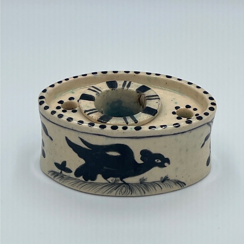 Vintage French Ceramic Inkwell Hand Painted Folk Art Bird Motif Black Cream